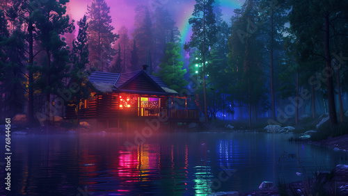 Vibrant Cabin in the Woods with Rainbow