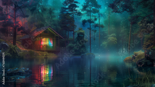 Vibrant Cabin in the Woods with Rainbow