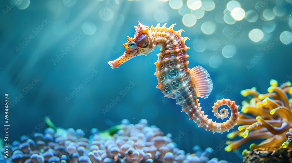 A beautiful seahorse swims in the sea.