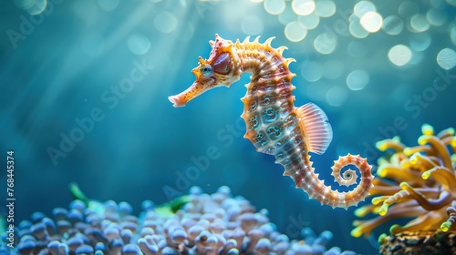 A beautiful seahorse swims in the sea.