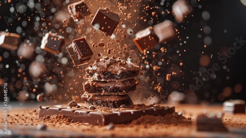 Layers of Chocolate Cake with Flying Chunks Advertising Photography 