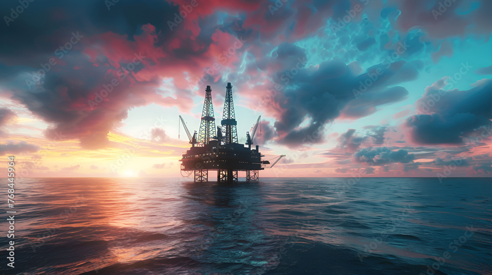 oil rig drilling platform at sunset , generative ai