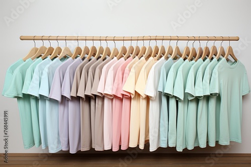 Pastel colored t-shirts on hangers against white background, minimalist style and freshness