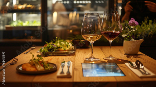 AI-powered wine pairing recommendations displayed on the wooden table, helping diners select the perfect wine to complement their meal.