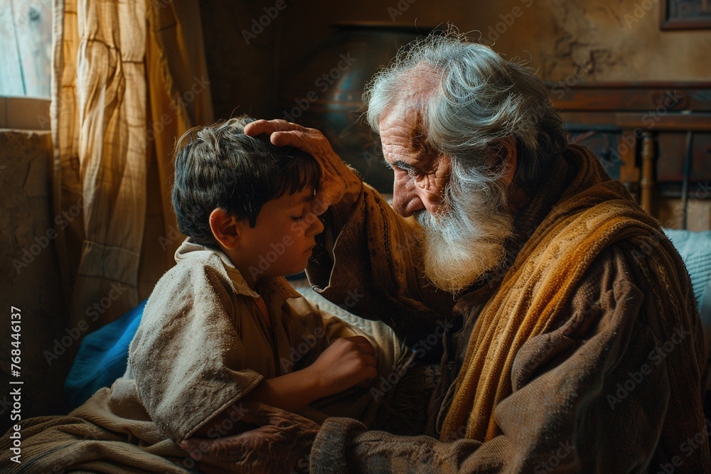 Old Isaac blessing his son Jacob. - obrazy, fototapety, plakaty 