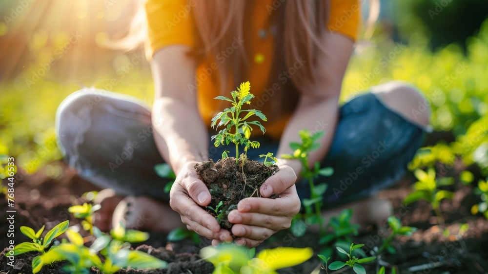 Fototapeta premium world environment day concept girl holding a small tree.