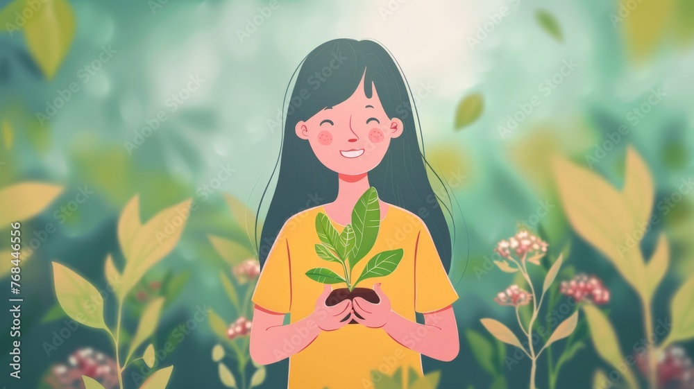 world environment day concept girl holding a small tree.