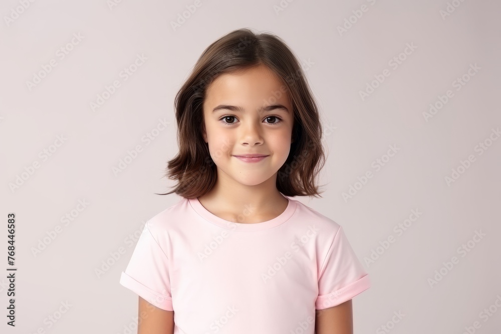 portrait of a little girl in a pink t-shirt on a gray background portrait of a little girl in a pink t-shirt on a gray background