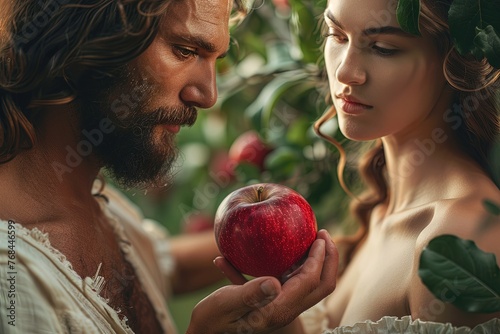 Adam and Eve with an apple. The concept embodies temptation and choice. 