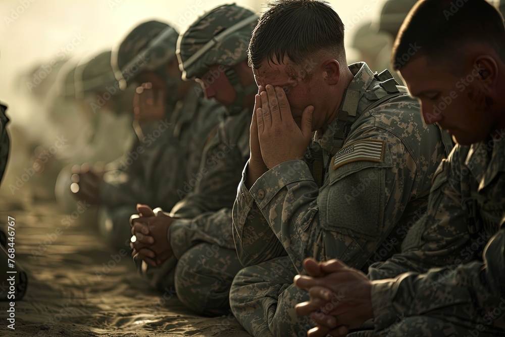 Soldiers pray to God.