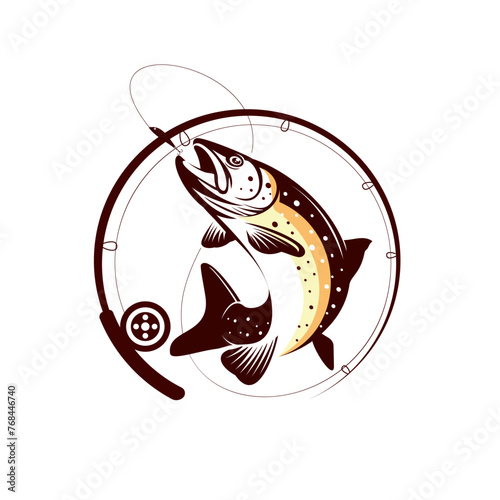 Brown Trout Logo. Unique, Bold, and Eyecatching Brown trout jumping out of the water. Suitable for any Brown Trout Fishing events. Print on Tshirt etc