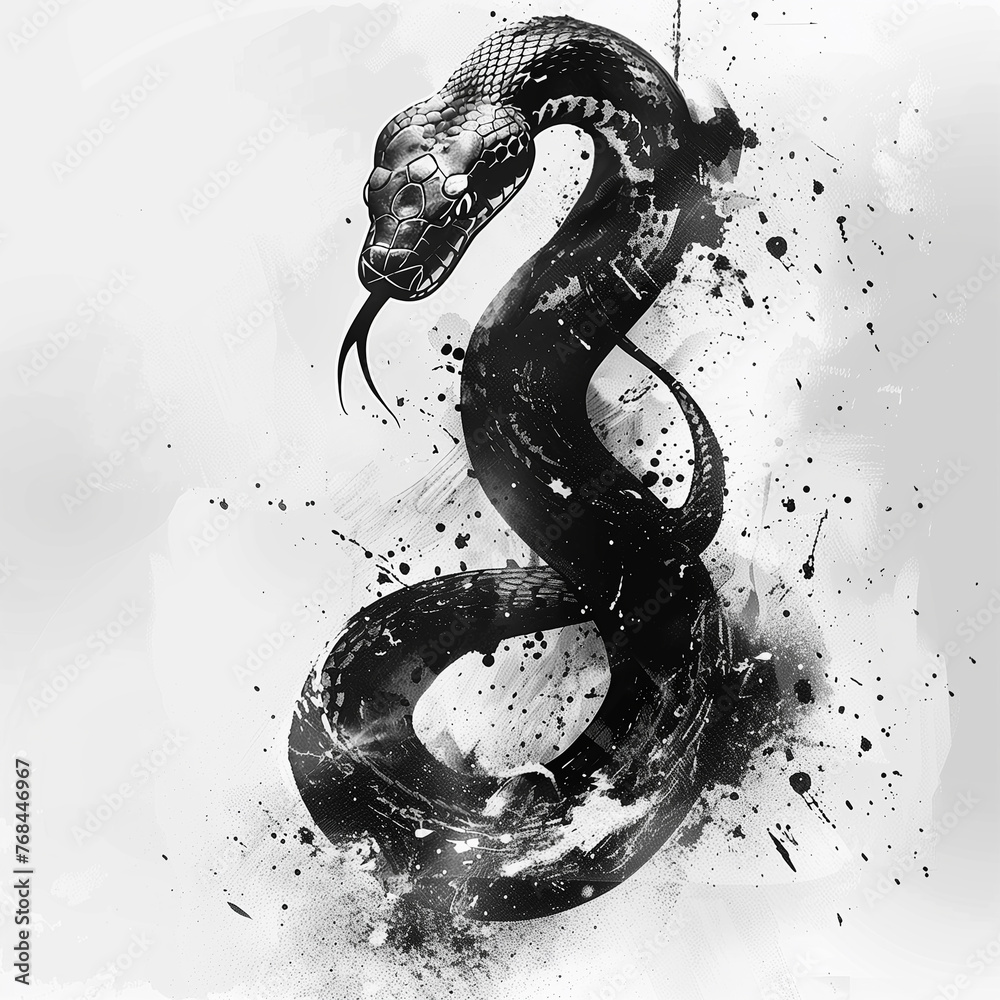 蛇の筆書きのモノクロイラスト「AI生成画像」