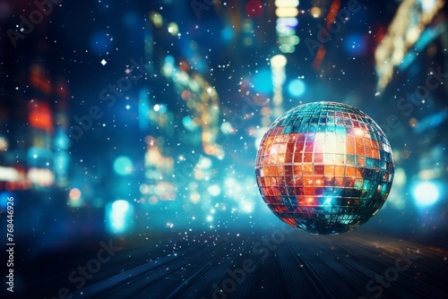 Shiny disco ball on festive background with copy space for party invitations