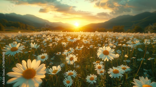 Beautiful panoramic natural landscape with fields of blooming daisies in the grass in the hilly countryside in summer.