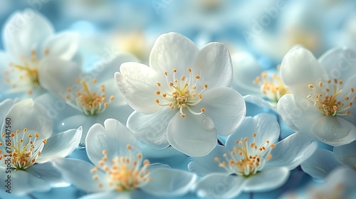 White petals and flowers float in the air. concept fragrant of fabric softener.