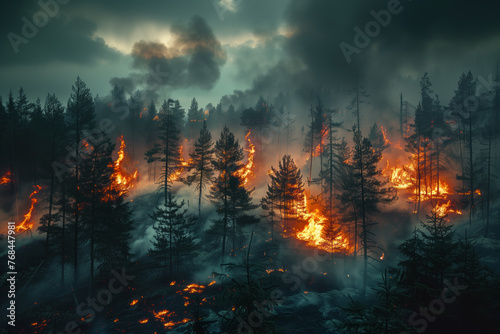 Forest fire. Raging fire devouring the night forest