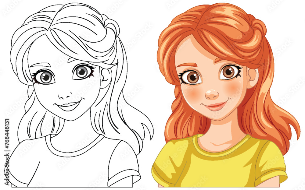 Vector illustration of a girl, before and after coloring Vector illustration of a girl, before and after coloring