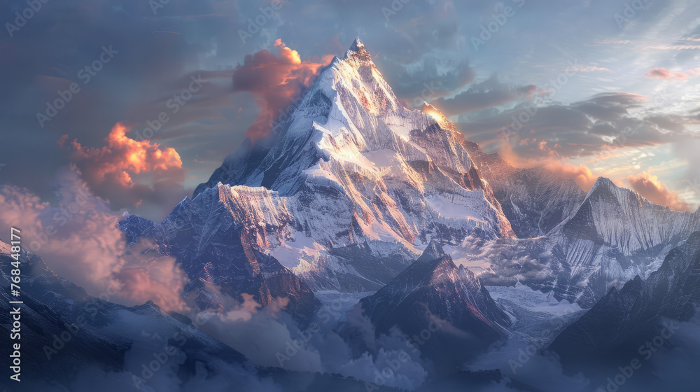 The setting sun emits a soft glow on the icy mountains, creating a scene filled with emotion and beauty