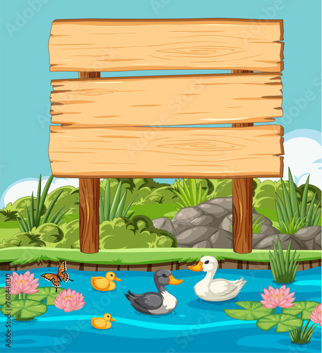 Cartoon ducks near a blank wooden signboard.