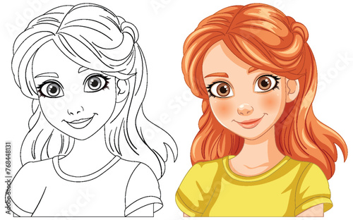 Vector illustration of a girl, before and after coloring