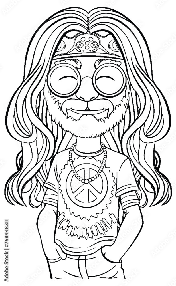 Black and white drawing of a smiling hippie. Black and white drawing of a smiling hippie.
