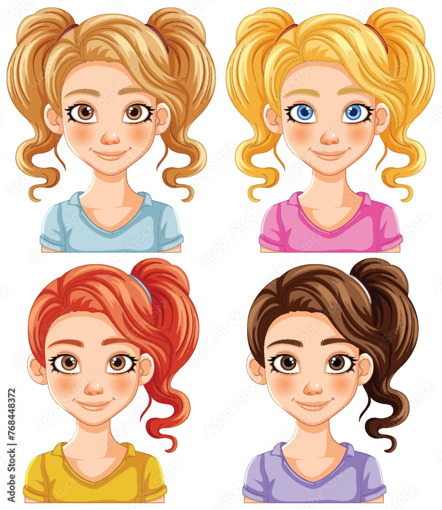 Four cartoon girls with different hairstyles and colors Four cartoon girls with different hairstyles and colors