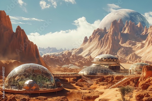 Martian settlement with dome-shaped structures and greenhouse areas for growing plants. People populate new planets. Science and technology concept. View of a sci-fi