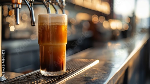 Nitro cold brew coffee is saturated with nitrogen at a nitrogen station on the bar counter. Copy space for text. Cold drinks concept. 