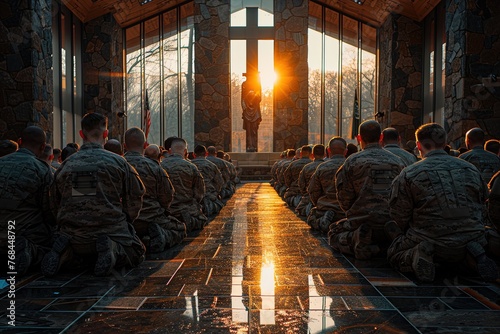 Soldiers pray to God on knees. 