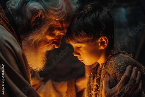 Old Isaac blessing his son Jacob. photo