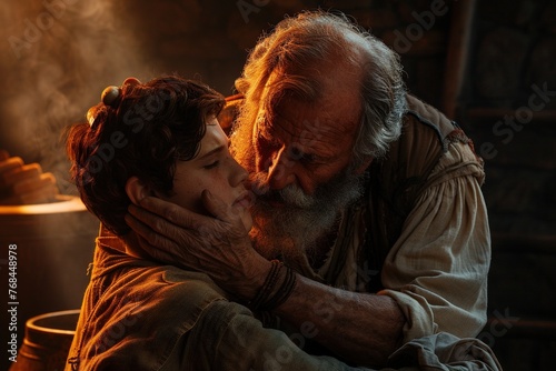 Old Isaac blessing his son Jacob. photo