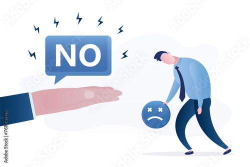 Unhappy businessman was rejected. Deal fell through, contract was broken. Tired man holding negative emoji. Big hand of boss or partner give speech bubble with word - NO.