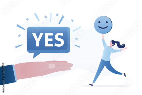 Businessman hand holding speech bubble, say YES. Successful negotiations, confirmation. Happy woman with positive emotion symbol. Agreement, deal approving. Voting, right choose.