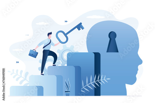 Unlock new skill concept. Businessman with key climbing up to big head with keyhole. Skills improvement and development. Unlock true potential or motivation to set new mindset,