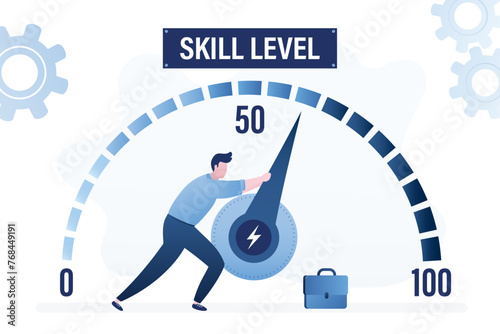 User or student pulls big arrow on measuring scale. Skill levels growth. Increasing skills level. Businessman pushing progress bar up to maximum position. Education process,