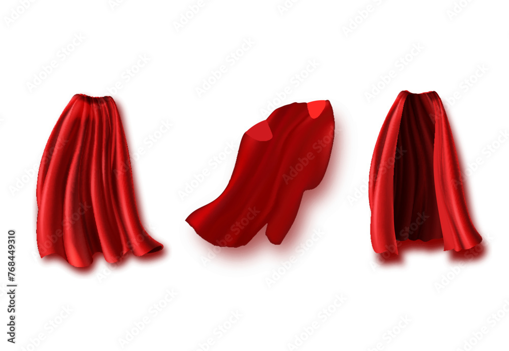 Superhero red cape in different positions, front, side and back view on white background.