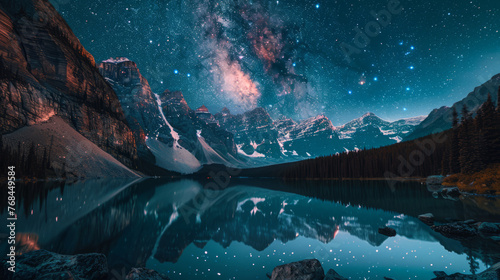 An awe-inspiring image of a crystal clear mountain lake reflecting the majestic night sky filled with stars and galaxies