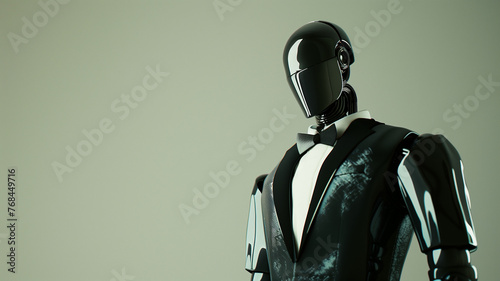 A sophisticated portrayal of a robot in a tuxedo, this image eloquently combines the elegance of classic attire with the sleekness of modern robotics