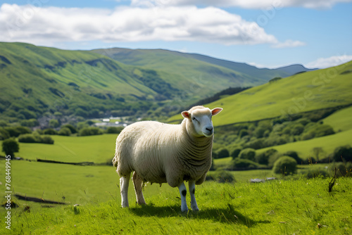 Captivating Nature's Bounty: A Ewe Grazing amidst Green Pastures on a Serene Day