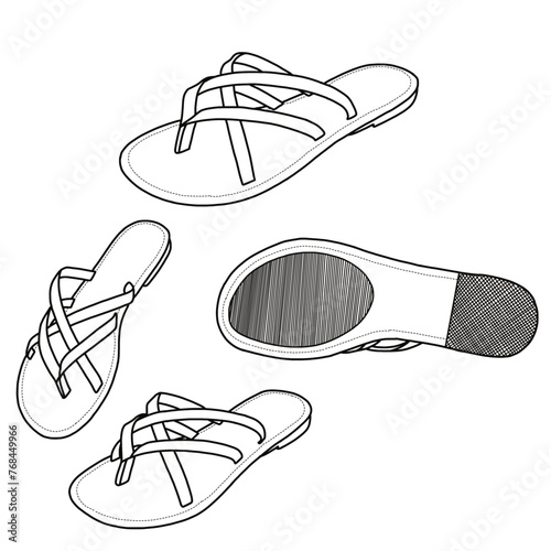 Strap flat open-toe sandals vector illustration. Flip-flop sandals. Front, top, and bottom views isolated on a white background