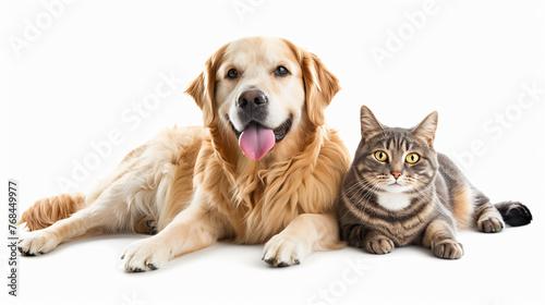Friendly Dog and Cat Together on White Background 