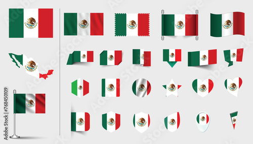 set of Mexico flag, flat Icon set vector illustration. collection of national symbols on various objects and state signs. flag button, waving, 3d rendering symbols