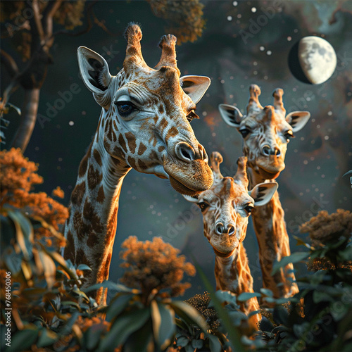 Giraffes with telescopic necks observing distant planets in the night sky, a fusion of the natural world's wonders and astronomical exploration © weerasak