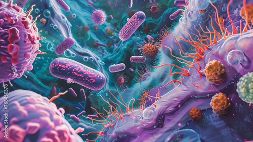 a close-up view of macro bacteria colonies thriving in a microscopic landscape, each bacterium depicted with intricate detail and vibrant colors, highlighting their diverse
