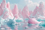 Whimsical 3D-rendered narwhals in a pastel arctic scene  1