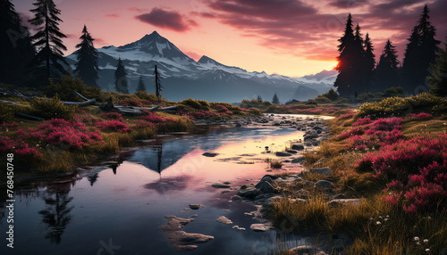 Majestic mountain peak reflects in tranquil pond at sunset 