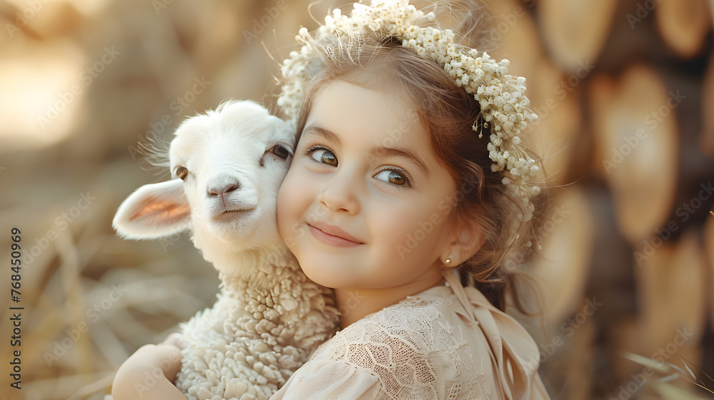Portrait of a cute little girl with a lamb celebrating the sacrifice ...