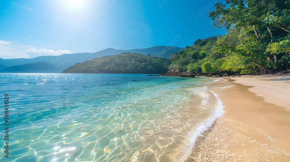 Tropical beach cove with crystal clear water and lush greenery.