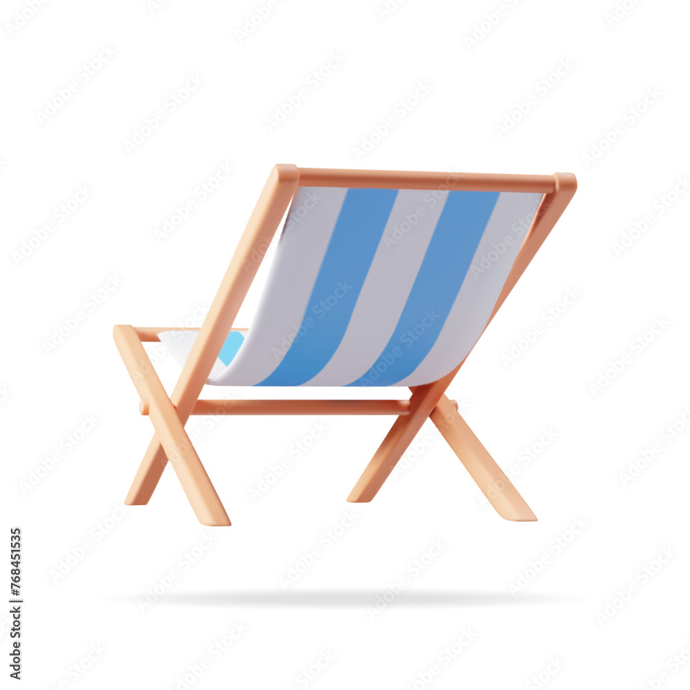 3D Wooden Chaise Lounge Isolated. Render Sun Lounger, Deckchair, Sunbed, Beach Chair. Wood Striped Deck for Sunbathing on Vacation. Vector Illustration