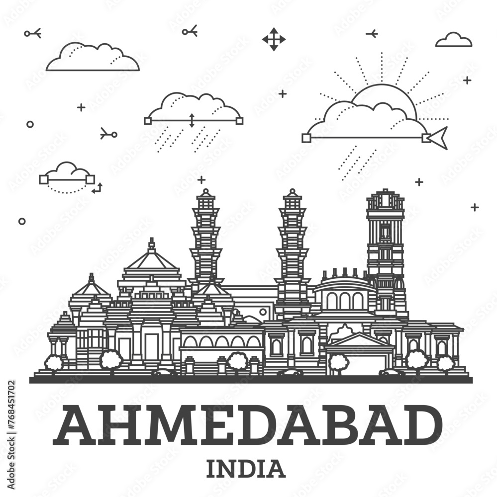 Fototapeta premium Outline Ahmedabad India City Skyline with Historic Buildings Isolated on White. Ahmedabad Cityscape with Landmarks.
